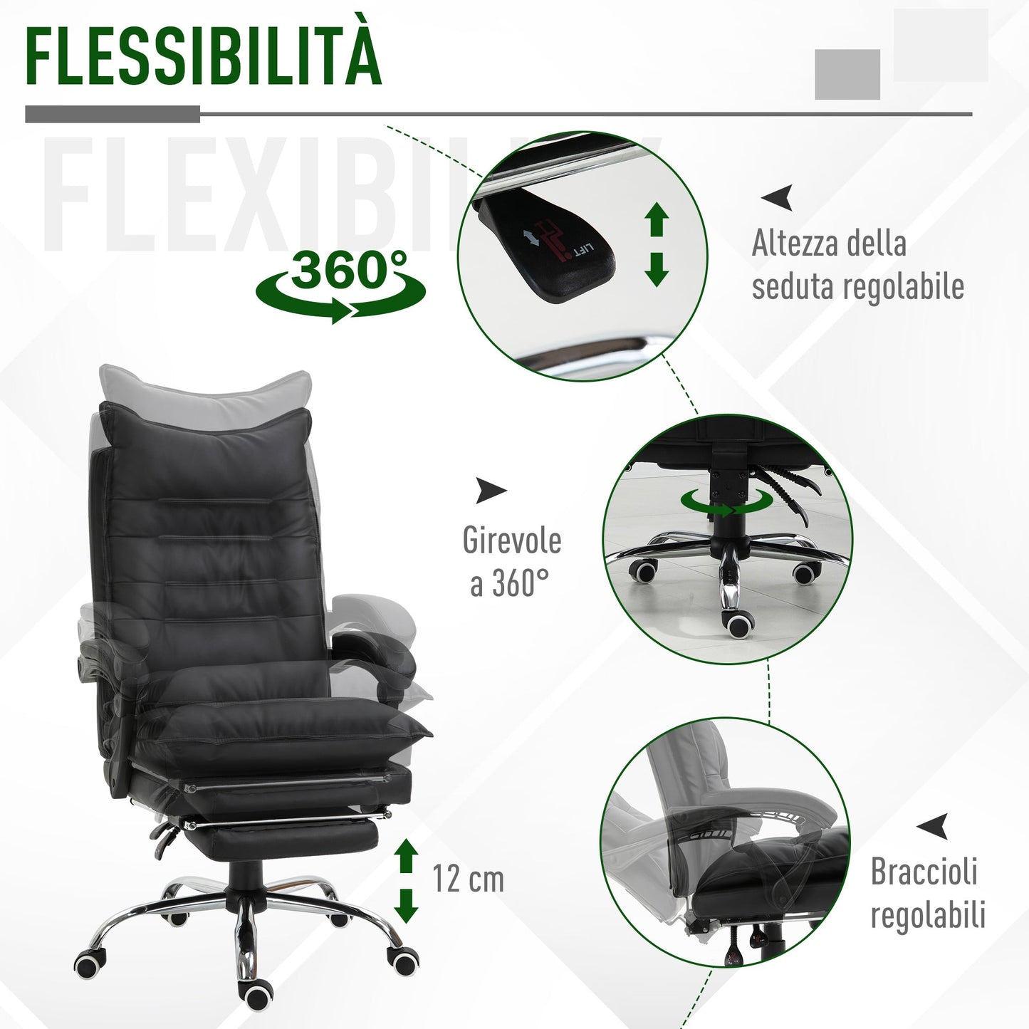 Black Faux Leather Office Chair, Height-Adjustable Executive Chair with 155° Reclining High Back and Footrest