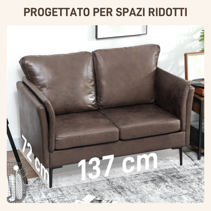2-Seater Breathable Leather Sofa with Thick Padding and Metal Legs, 137x72x88 cm, Dark Brown